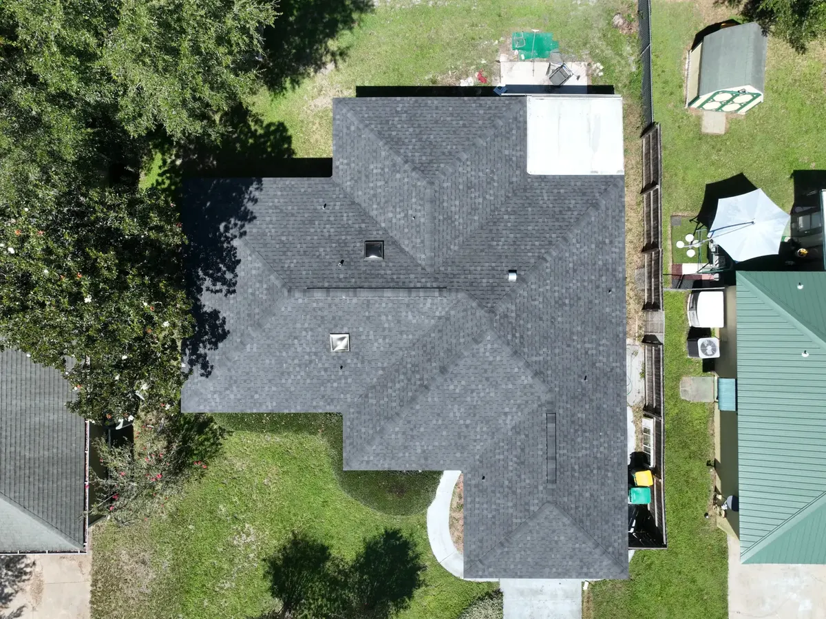 Charcoal architectural shingle roof, aerial view, August 2024