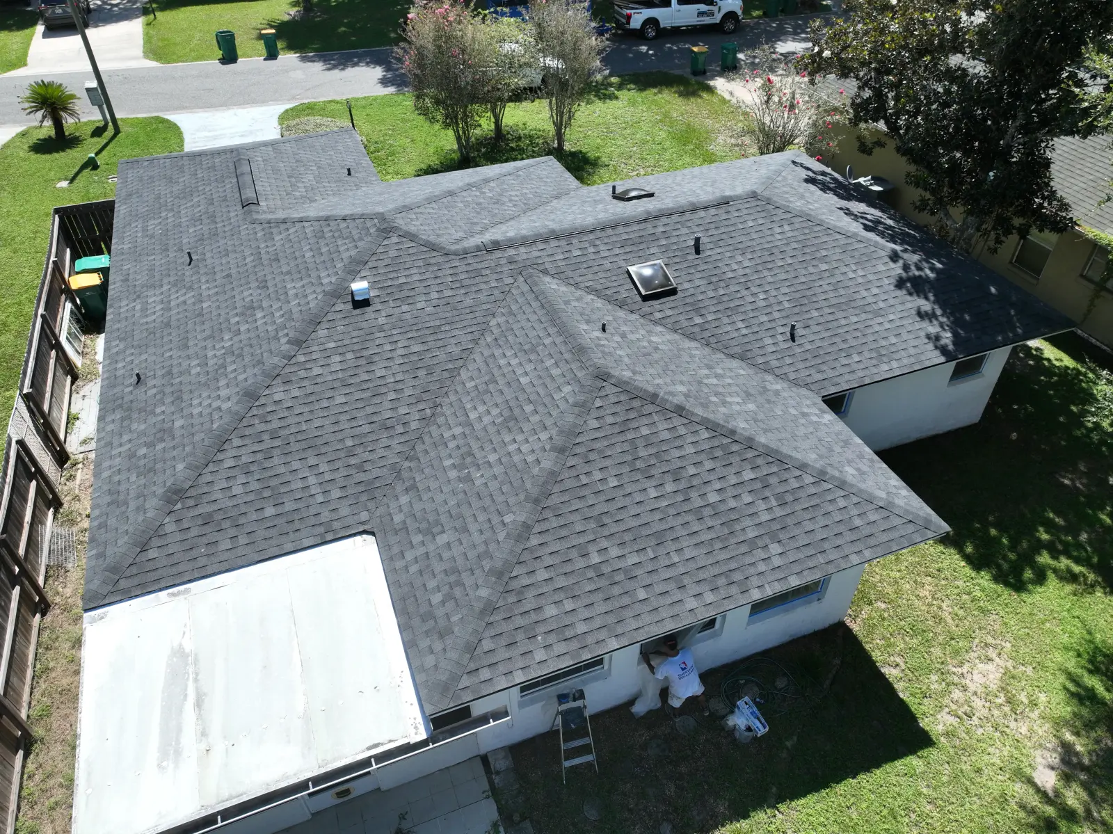 Charcoal shingle roof replacement, aerial view
