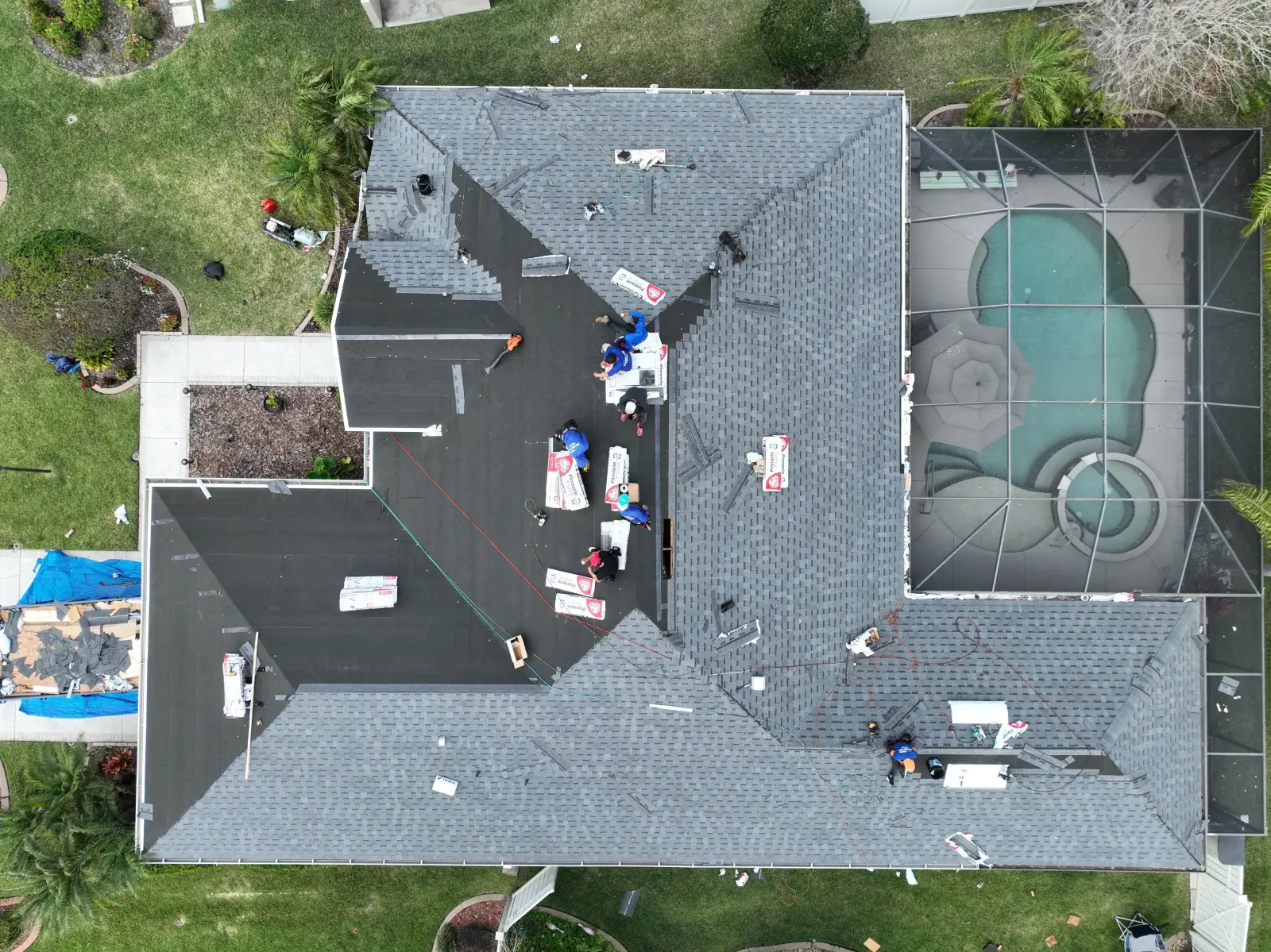 Completed shingle roof, aerial view, Bradenton FL