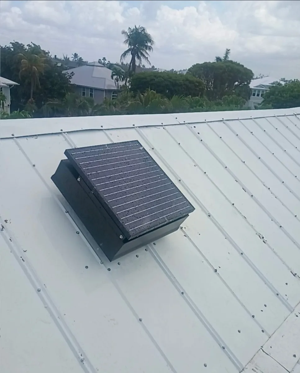 Solar attic fan installed on a standing-seam metal roof in Sanibel Island, FL