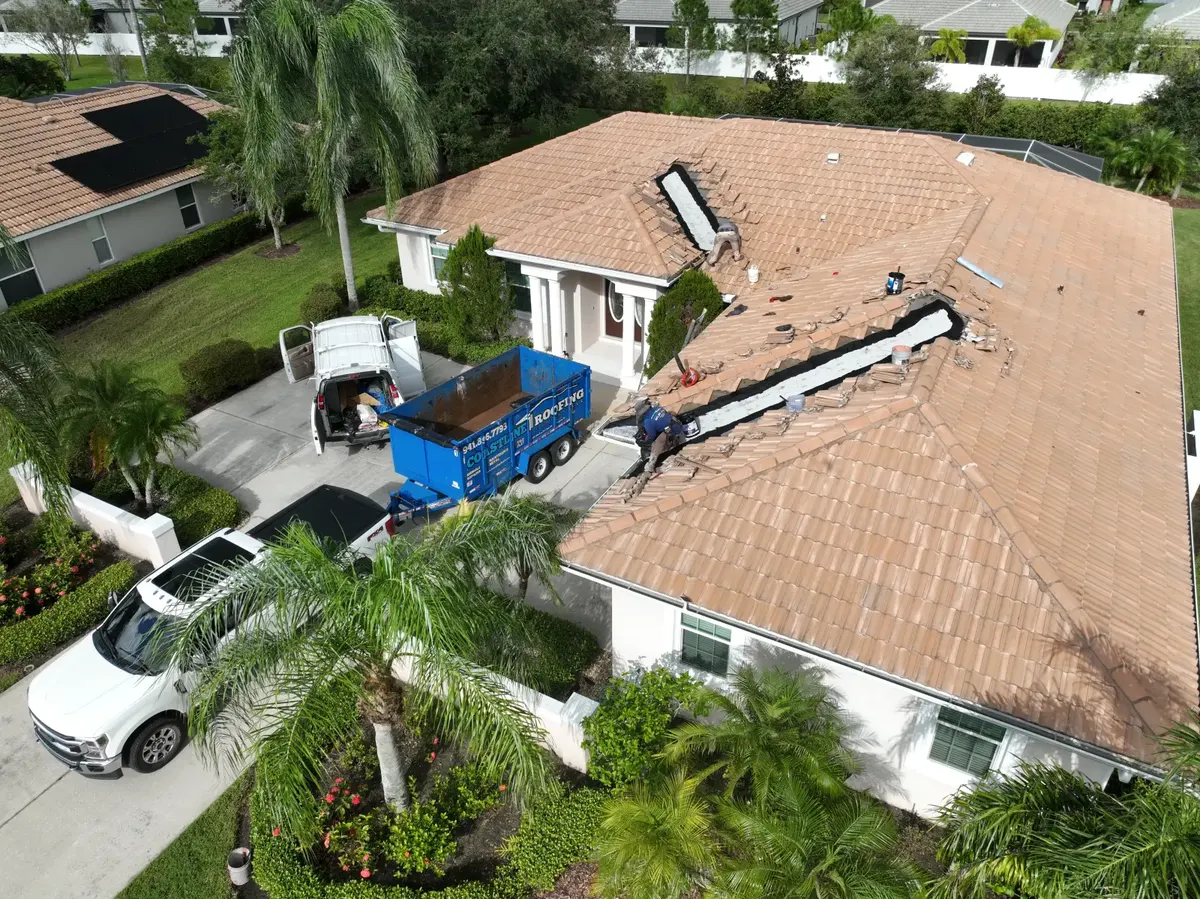 Tile roof tearoff, aerial view, August 2024